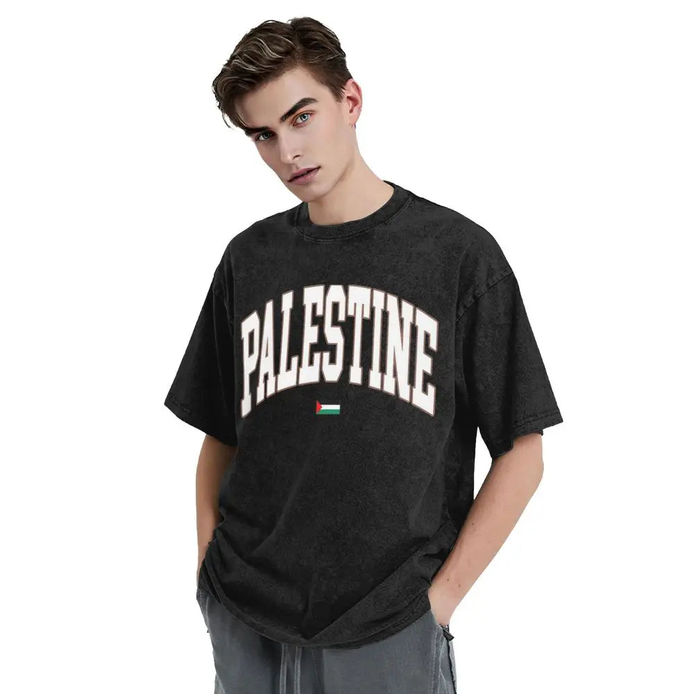 Palestine Flag T-Shirt Hip Hop Washed Short Sleeve