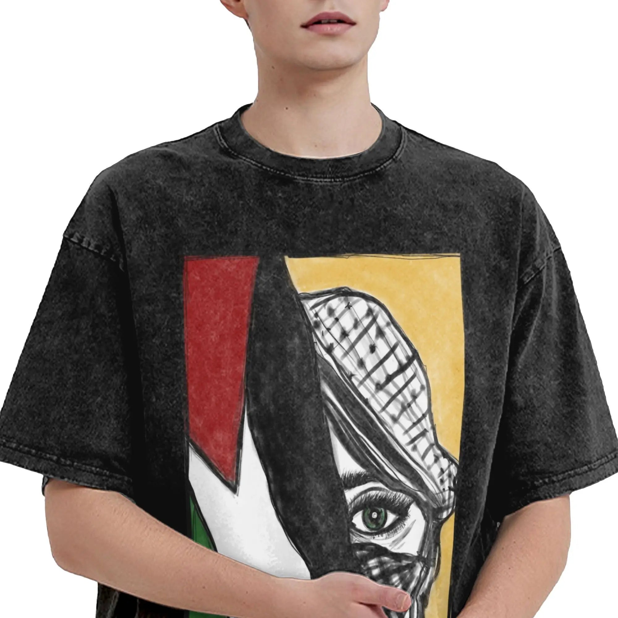 Humorous Palestine Flag T-Shirt Round Neck Cotton Washed