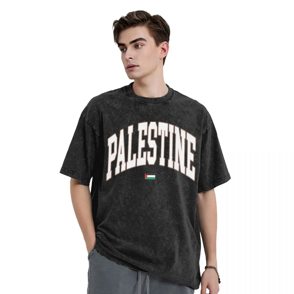 Palestine Flag T-Shirt Hip Hop Washed Short Sleeve