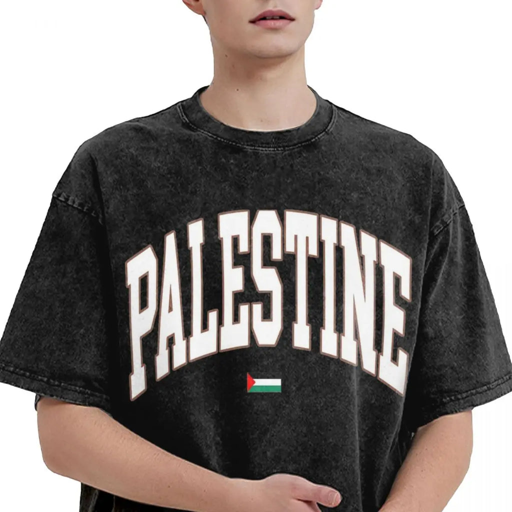 Palestine Flag T-Shirt Hip Hop Washed Short Sleeve