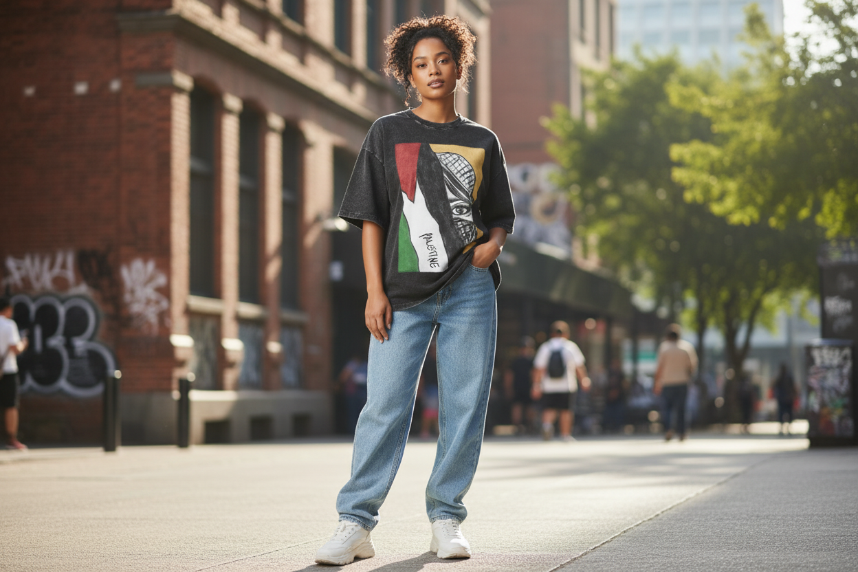 Humorous Palestine Flag T-Shirt Round Neck Cotton Washed