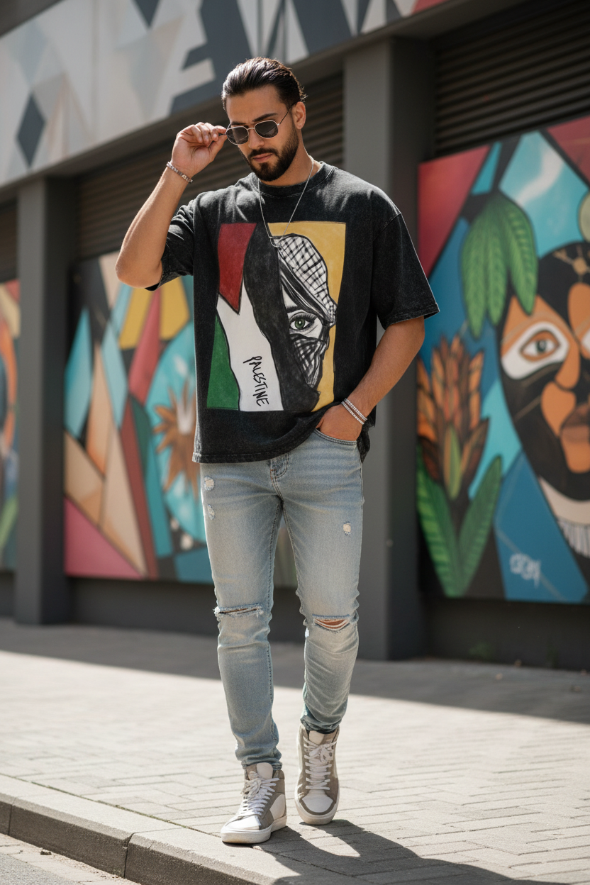 Humorous Palestine Flag T-Shirt Round Neck Cotton Washed