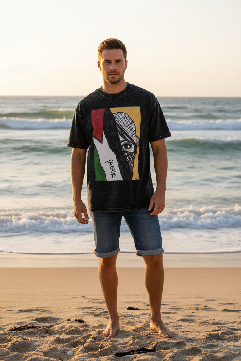Humorous Palestine Flag T-Shirt Round Neck Cotton Washed