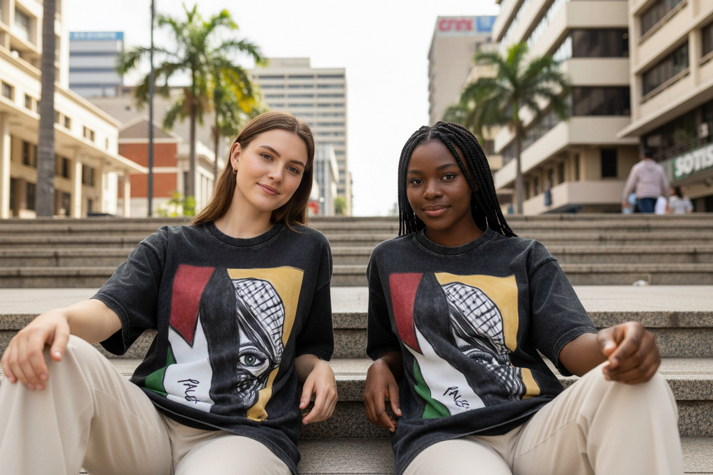 Humorous Palestine Flag T-Shirt Round Neck Cotton Washed