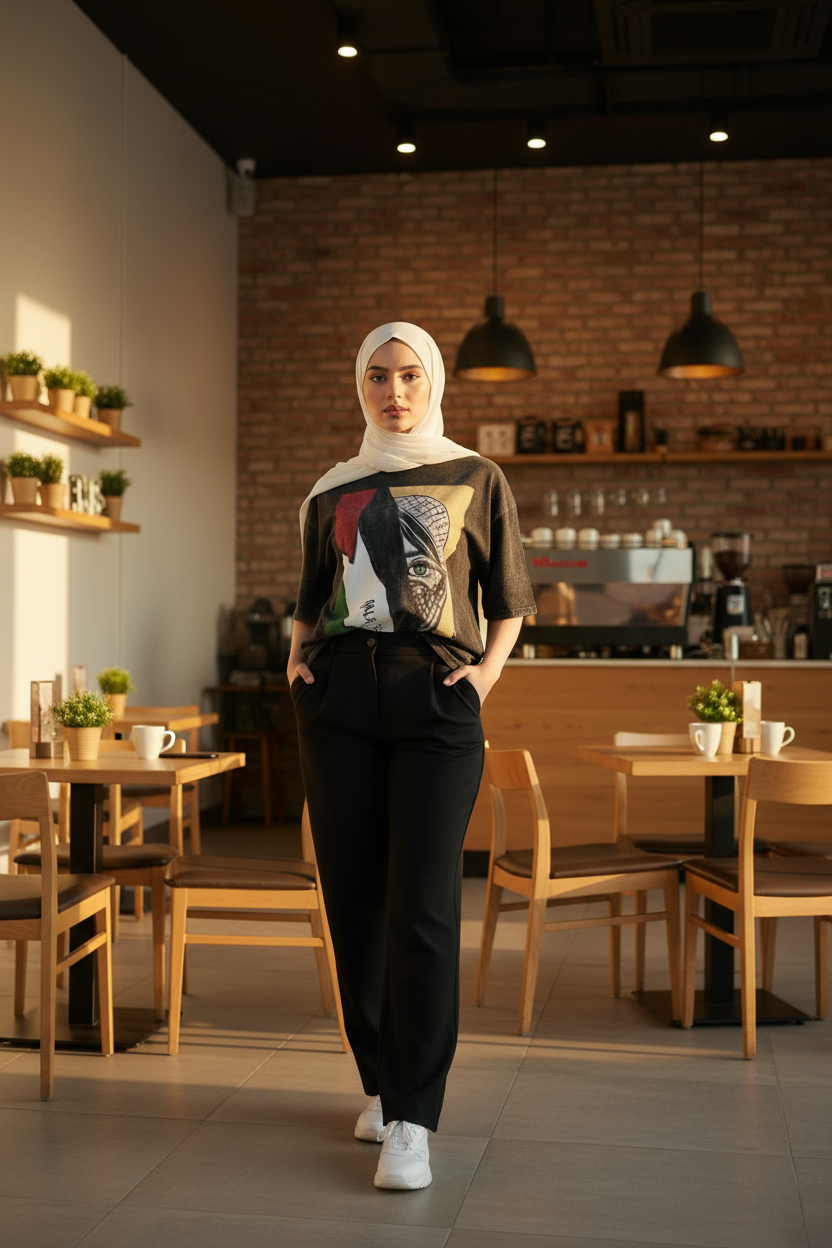 Humorous Palestine Flag T-Shirt Round Neck Cotton Washed