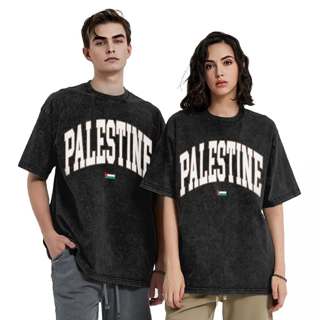 Palestine Flag T-Shirt Hip Hop Washed Short Sleeve