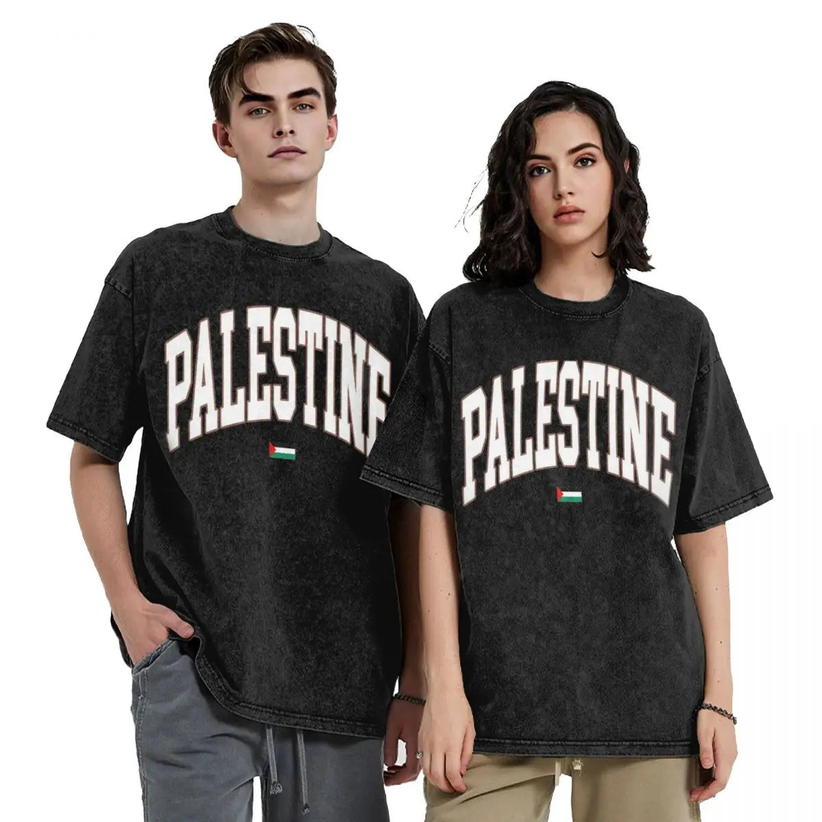Palestine Flag T-Shirt Hip Hop Washed Short Sleeve